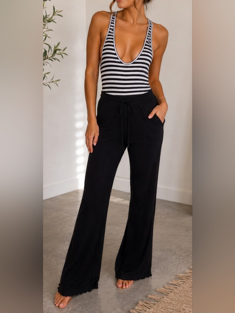Spiritual Gangster Knit Lounge Jumpsuit Black/White With Ribbed Bottoms -Small